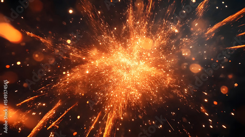 An explosion of golden sparks and light bursts forth against a dark background. Energetic and dynamic effect.