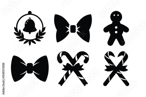 Christmas Icons Festive Bows, Candy Canes, and Gingerbread Man Silhouettes
