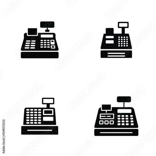 Four Black Cash Register Icons Set Retail Point of Sale System P O S Terminal Equipment Symbols pos terminal