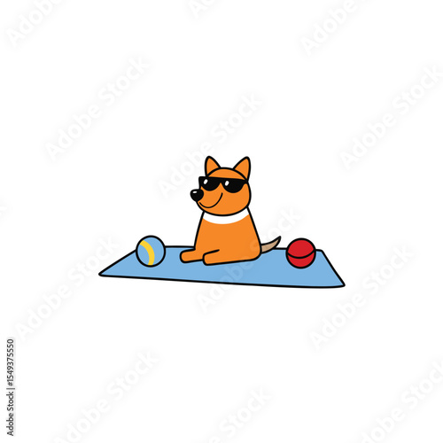 designer pet dog in sunglasses on beach mat with tropical drink Vector illustration