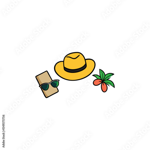 designer summer flat lay with straw hat luxury sunglasses and accessories Vector illustration