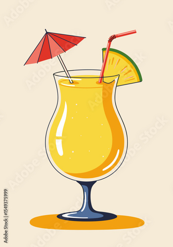 Vector illustration of Pina Colada cocktail with umbrella and pineapple slice on colorful background