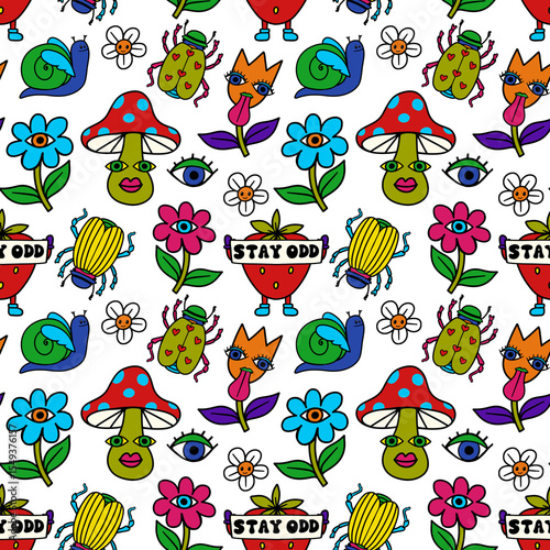 Seamless pattern with retro style images: flowers, strawberry, bugs, snail, mushroom. Psychedelic print. Hippie style background. Perfect for packaging, fabric, stationary, wrapping, decoration, print