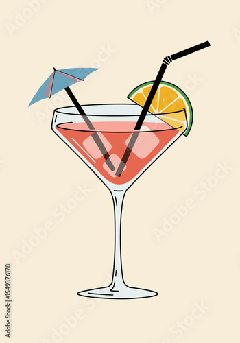 Vector illustration of Cosmopolitan cocktail with ice, lemon and lime slices, and umbrellas in elegant glass