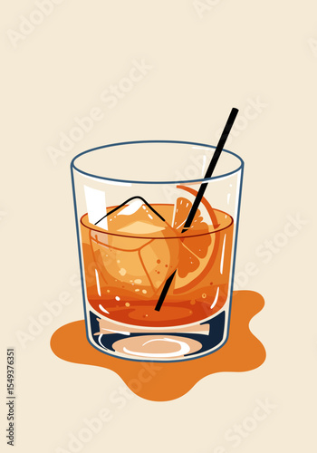 Vector illustration of Old Fashioned cocktail with ice, orange slice, and cherry in glass on light background
