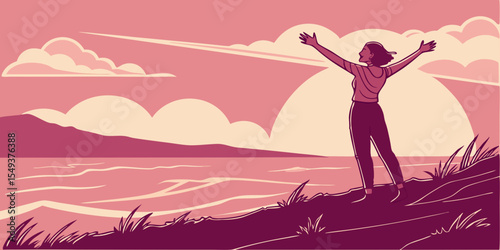 Happy woman watching the sunset by the sea. Shadow of a hopeful girl looking at the horizon with purple background vector illustration 
