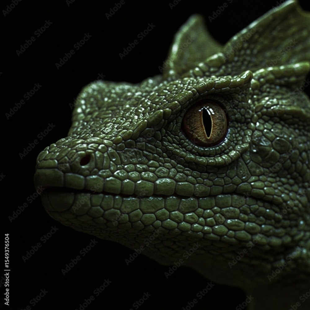 Fototapeta premium Green Dragon Lizard Portrait:Close-up of a fantastical green dragon lizard, its reptilian eye intense and captivating against a black background.