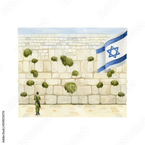 Western Wall with Israel soldier and flag sight in old city of Jerusalem watercolor illustration isolated on white background. The Kotel for prayers on Yom HaZikaron and Memorial Days