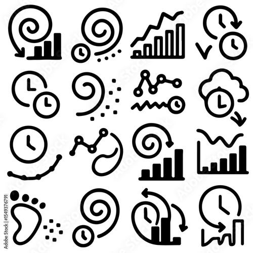 A creative collection of stylized, linear business concept icons are presented in a visually appealing, monochromatic flat lay design that offers adaptability for various applications. 
