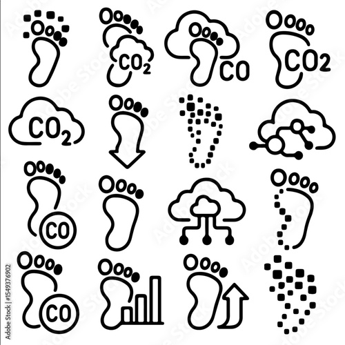 A collection of illustrative icons represent environmental concepts. Conceptual illustrations of footprint and co2 represent the issues facing by environmental concerns.
