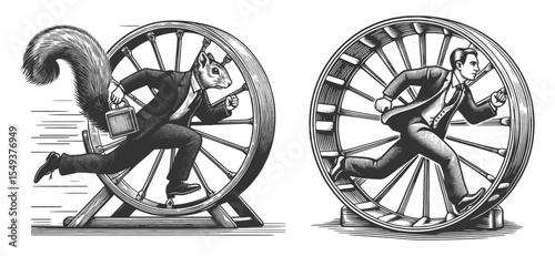 man and squirrel in business suits running inside hamster wheels, corporate rat race Set collection bundle sketch engraving generative ai vector illustration. Scratch board. Black and white image.