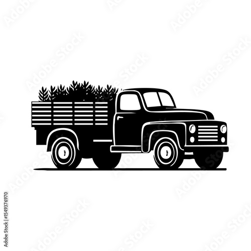 Silhouette of a farm truck loaded with grain or harvest crops, black vector design.

