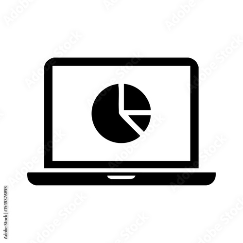 Black vector of a laptop screen displaying a pie chart, representing analytics or data.

