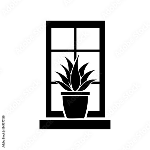Simple vector logo of a leafy houseplant in a pot placed on a windowsill.

