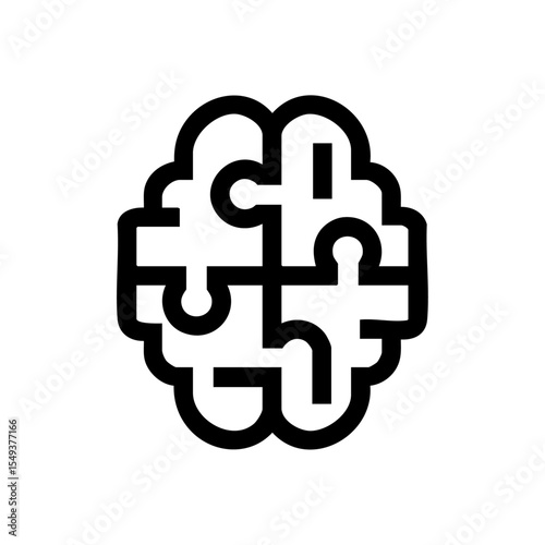 Minimalist black icon of a brain composed of interlocking puzzle pieces. Conceptual vector symbol for intelligence, mental health, or problem solving.



