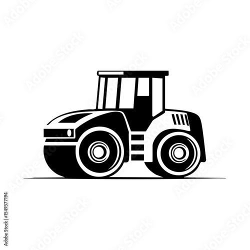 Black vector logo of a road roller vehicle in profile. Minimal heavy machinery icon used in construction and paving



