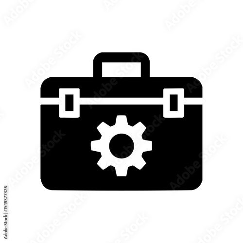 Vector logo of a toolbox with central gear icon for repair, maintenance, or construction.

