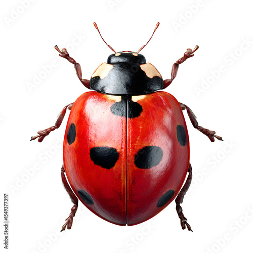 Realistic ladybug crawling upward, bright red elytra with high contrast black dots, soft shadow beneath, minimal background for clean composition, 8K transparent PNG