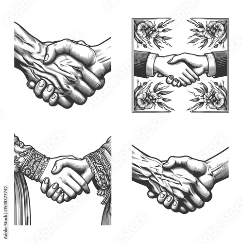 Handshake Set collection bundle sketch engraving generative ai vector illustration. Scratch board imitation. Black and white image.