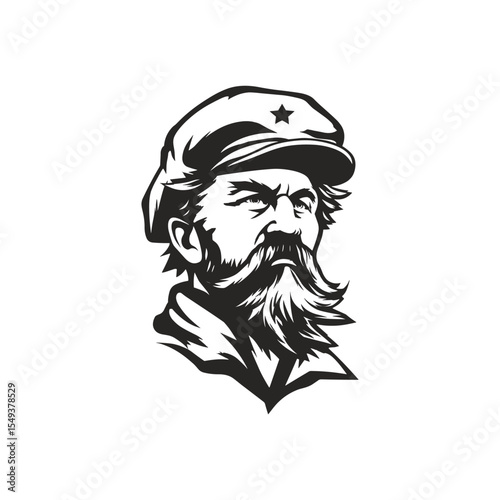 Bearded Sailor with Hat Vector Illustration. Vintage-style vector illustration of a bearded sailor wearing a traditional hat with a star emblem. The bold black and white design