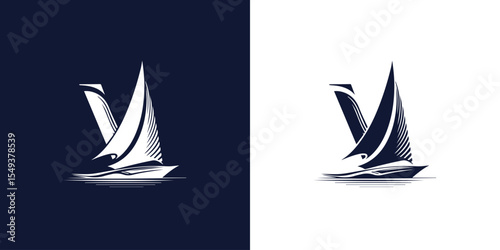 Elegant Sailboat Vector Logo Illustration Design. Nautical-themed vector illustration of an elegant sailboat logo in contrasting navy and white hues. Ideal for maritime branding, sailing clubs