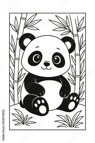  Cute Panda Eating Bamboo Vector Illustration.  Black and white vector illustration of a cute panda sitting while calmly chewing on bamboo. The panda appears content and relaxed surrounded by bamboo 