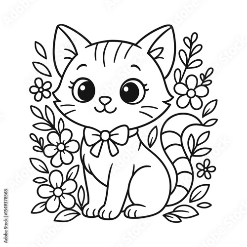 Cute Cat Knot Bow Vector Illustration with Flowers. Adorable vector illustration of a cartoon cat with a bow, surrounded by floral elements. The image is ideal for coloring books, children's designs.