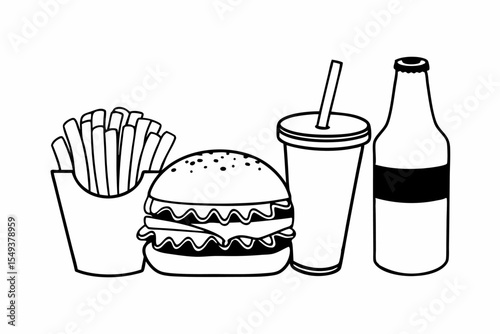 Bold Outline Fast Food Combo Set Illustration with Dog Theme