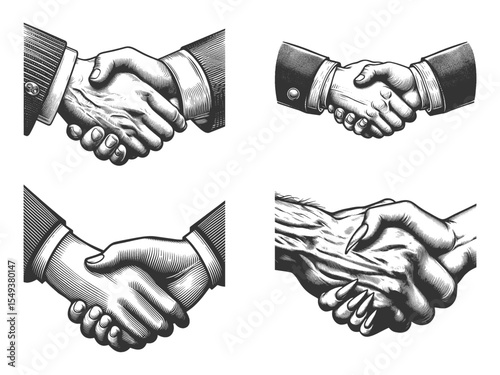 Handshake Set collection bundle sketch engraving generative ai vector illustration. Scratch board imitation. Black and white image.