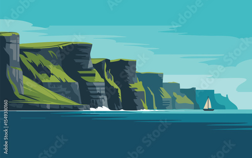 Sailboat glides by towering Irish cliffs