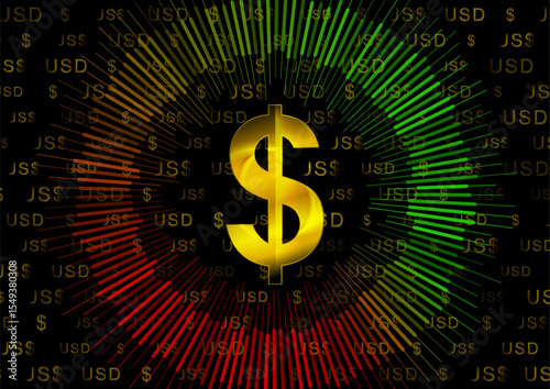 Golden dollar sign with circular chart showing financial growth and decline on black background. Vector graphic design