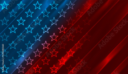 Blue red glowing neon USA flag abstract striped background. Vector graphic Independence Day design