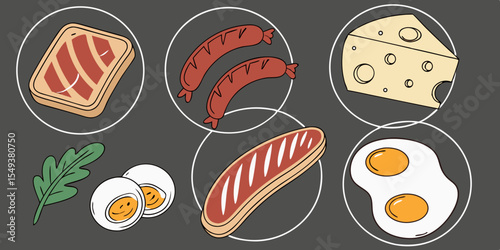 Vector illustration set of cartoon food labels for breakfast, lunch, and dinner, including pizza, cake, sandwich, and burger designs