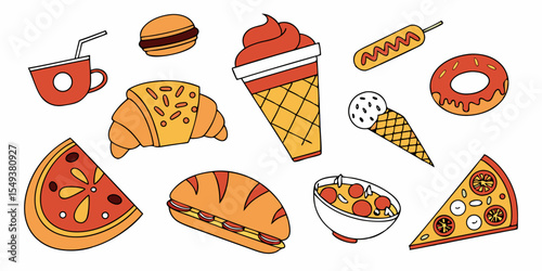 A cartoon vector illustration set of fast food icons including pizza, hamburger, sandwich, hot dog, and various desserts