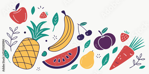 Abstract floral vector illustration with fresh fruit and vegetable icons