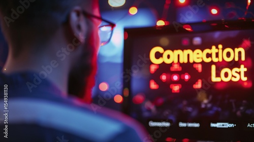 Frustrated young gamer staring at computer screen with connection lost error message, red ping indicator flashing. Online gaming issues, technical problems and internet connection failure concept.