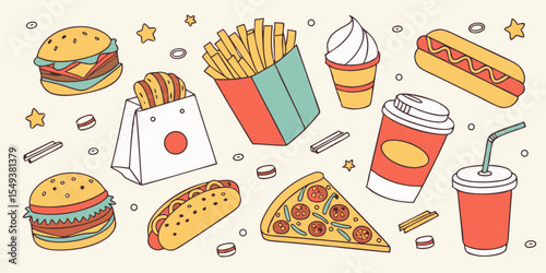 Christmas seamless pattern with fast food and dessert illustrations