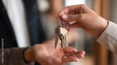 Close up of person handing over a set of house keys to another.