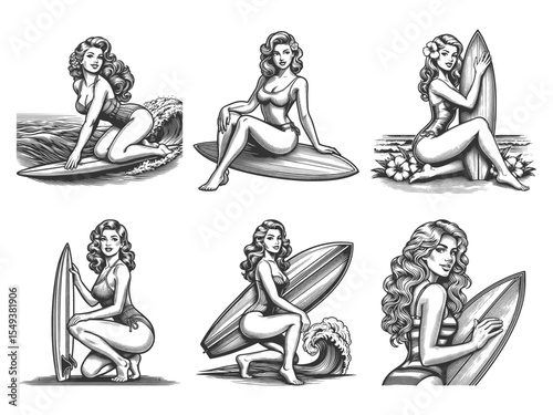 pin-up girl surfing scenes, retro fashion, and nostalgic summer beach vibes Set collection bundle sketch engraving generative ai vector illustration. Scratch board imitation. Black and white image.