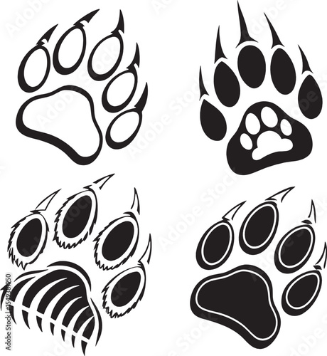 Set of four bear paw print variations including outlined, solid, clawed, and stylized versions. Great for versatile animal-themed design use.