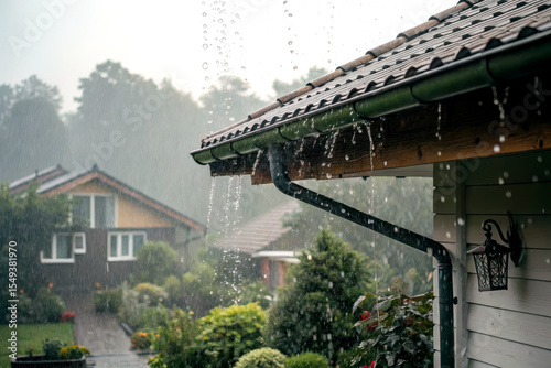 Rainwater pours off the edge of a sloped roof gutter during a heavy downpour in a suburban neighborhood with houses and greenery.