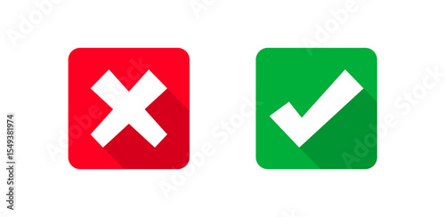 Green check and red cross square icons. Flat vector isolated