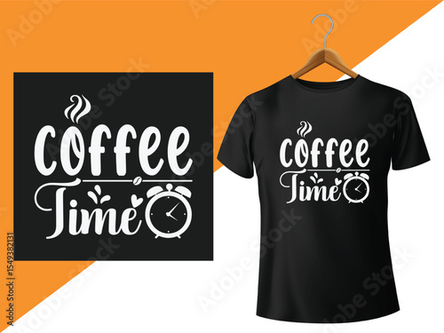 Coffee Time Black T-Shirt Mockup with a Wooden Hanger on a Two Tone Background
