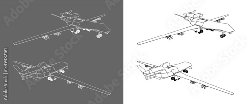 Military Drone with Missiles line technical drawing with isolated background