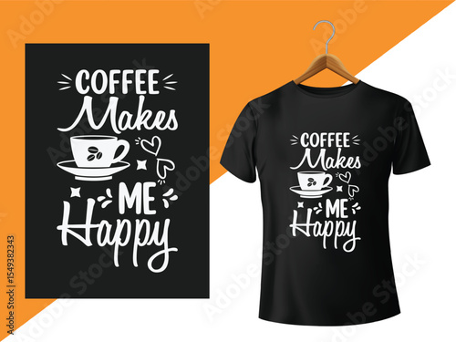 Coffee Makes Me Happy T-Shirt Design on a Hanger Featuring a Whimsical Typographic Graphic