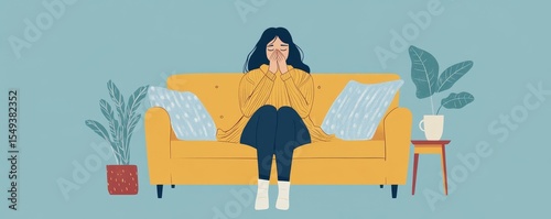 Sick at home concept. Woman sneezing on the sofa in winter season, showing symptoms of the flu or cold., Generative AI