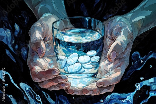 Healthcare Harmony: Close-up of hands holding medication and a water glass for optimal wellness, symbolizing both physical and mental health treatments., Generative AI