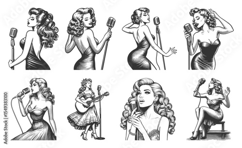 pin-up woman singer with retro microphones, music and glamor vibes Set collection bundle sketch engraving generative ai vector illustration. Scratch board imitation. Black and white image.