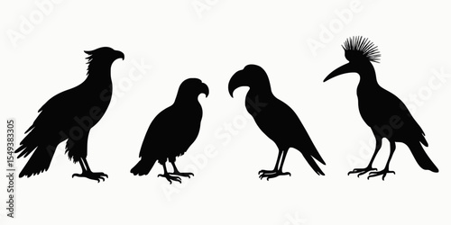 This black silhouette set features four birds, including an eagle, crow, parrot, and hornbill, against a white background. Ideal for wildlife art, nature designs, or vector graphics.