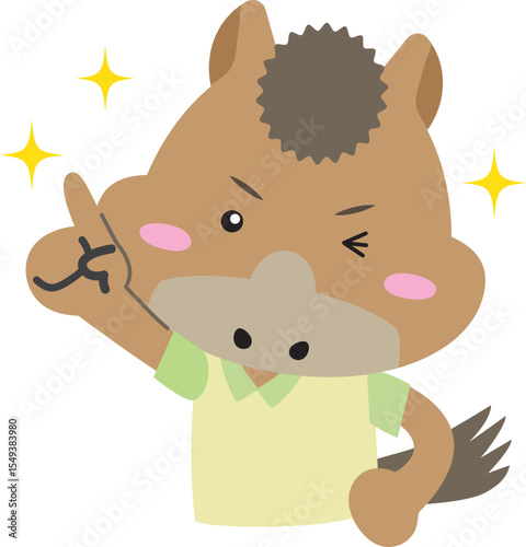 アイデアひらめき！指を立てるウマのキャラクター（午年）
